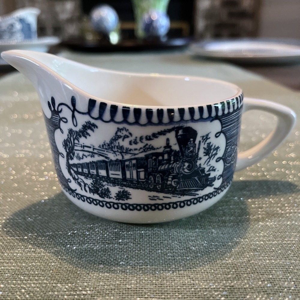 Vintage Royal China Currier & Ives Creamer "Express Train" Blue & White Transfer